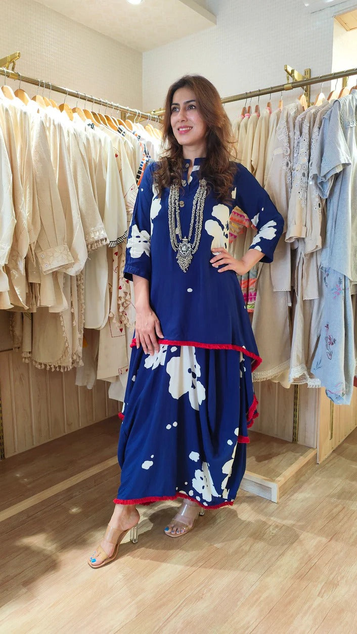 Royal Blue Draped Dhoti Skirt Dress