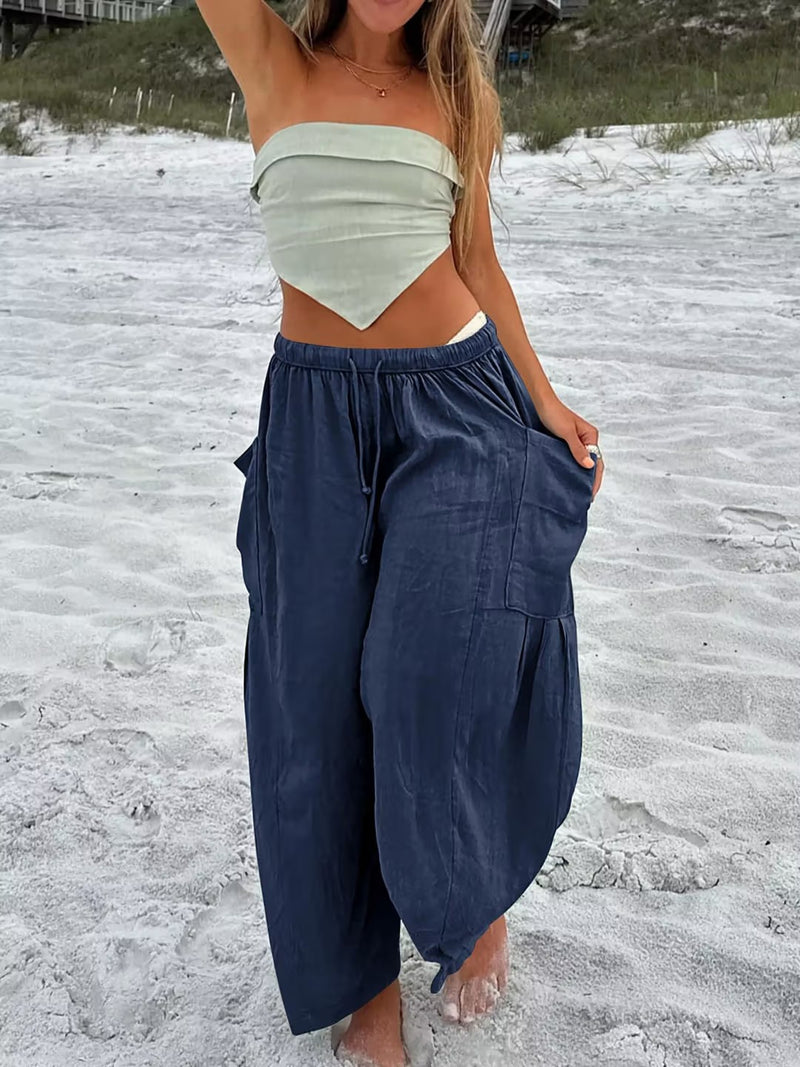 Blue Polyester Blend Casual Trousers