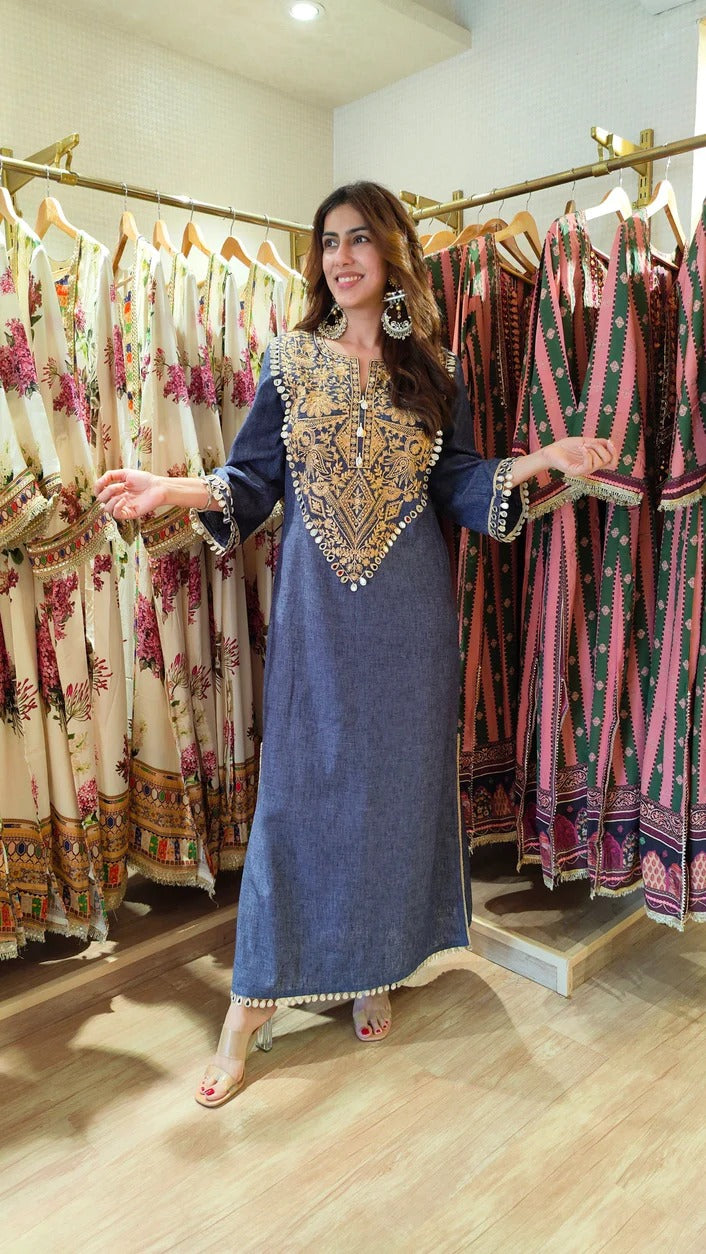 Cotton Denim Blue Grey Kaftan Dress