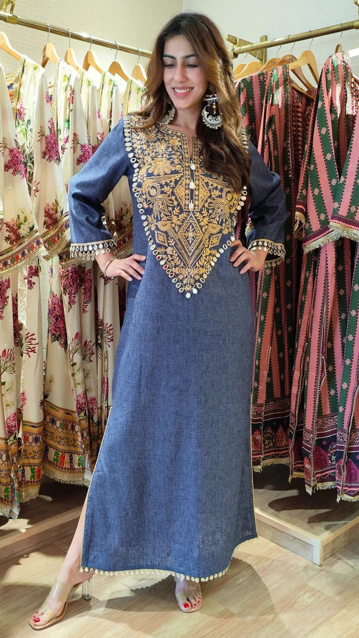Cotton Denim Blue Grey Kaftan Dress