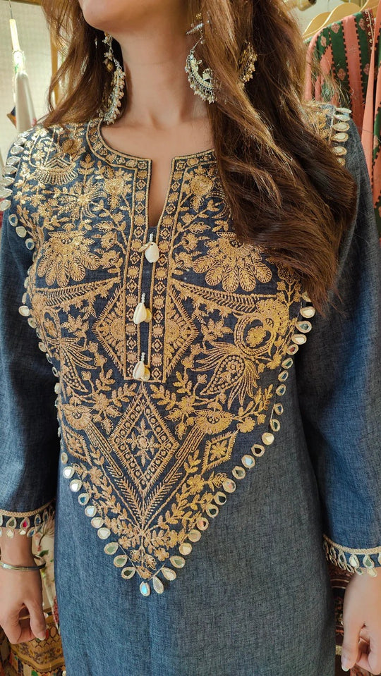 Cotton Denim Blue Grey Kaftan Dress