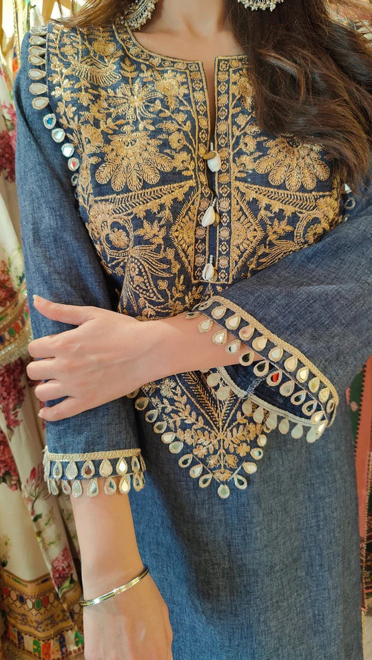 Cotton Denim Blue Grey Kaftan Dress