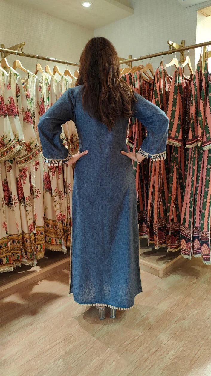 Cotton Denim Blue Grey Kaftan Dress