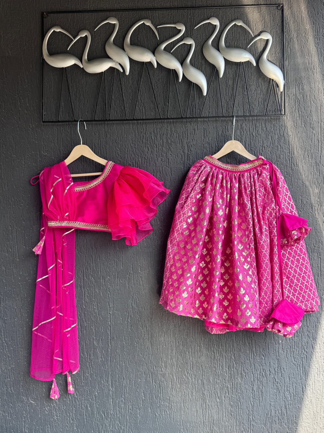 Fuchsia Pink Organza Chanderi Lehenga Set