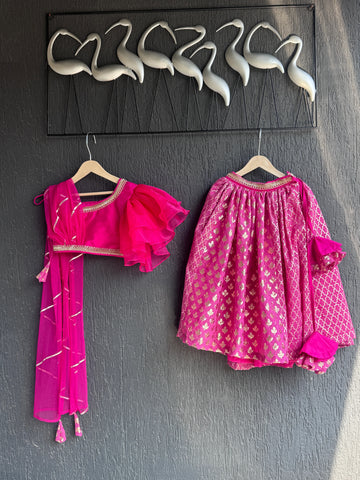 Fuchsia Pink Organza Chanderi Lehenga Set