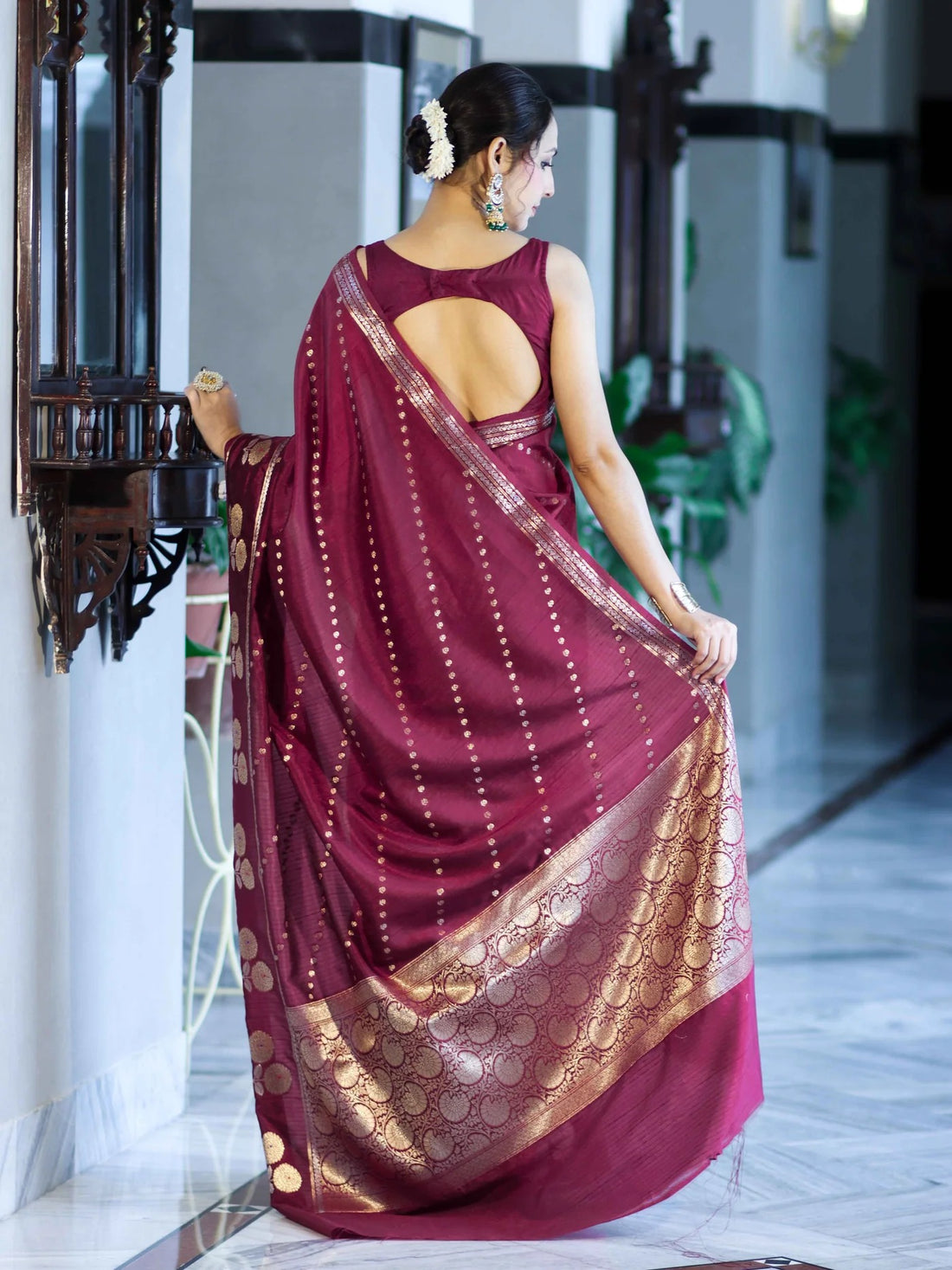 Mehrunisa Wine Banarasi Saree