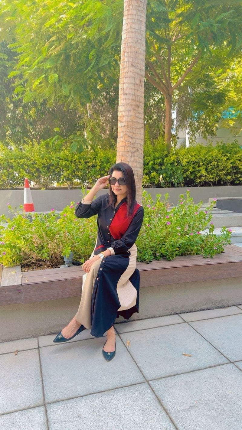 Cotton Linen Black Patchwork Shirt Dress