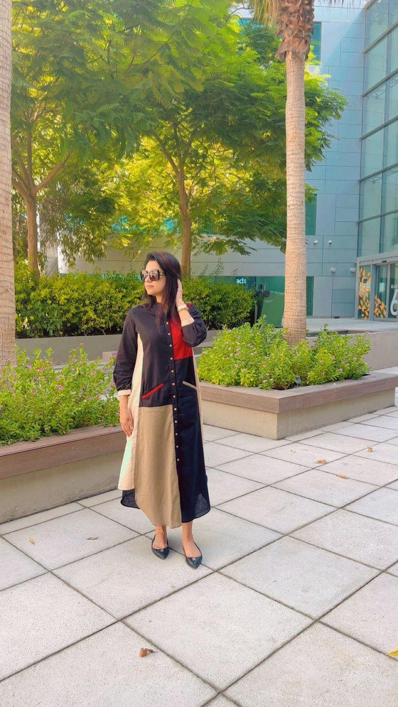Cotton Linen Black Patchwork Shirt Dress