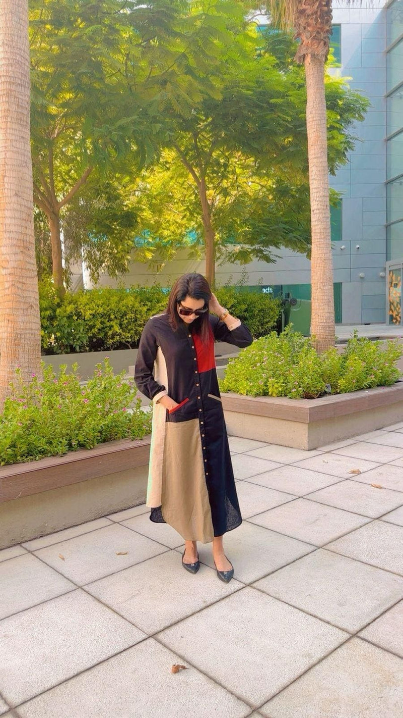 Cotton Linen Black Patchwork Shirt Dress