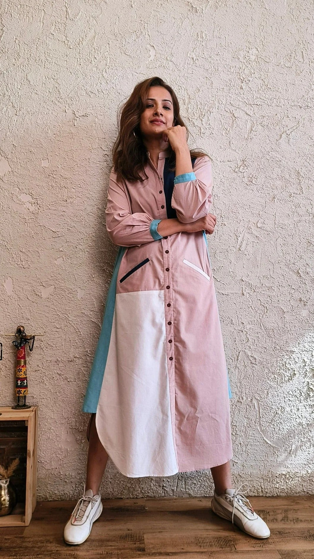 Cotton Linen Black Patchwork Shirt Dress