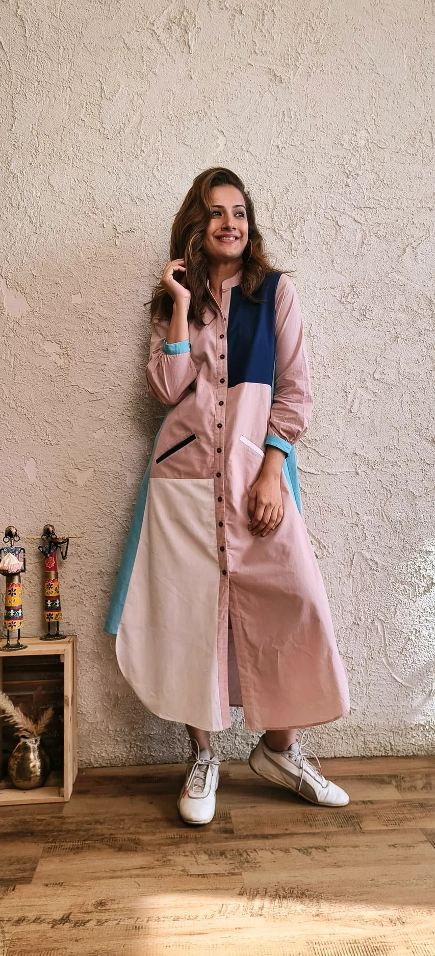 Cotton Linen Black Patchwork Shirt Dress