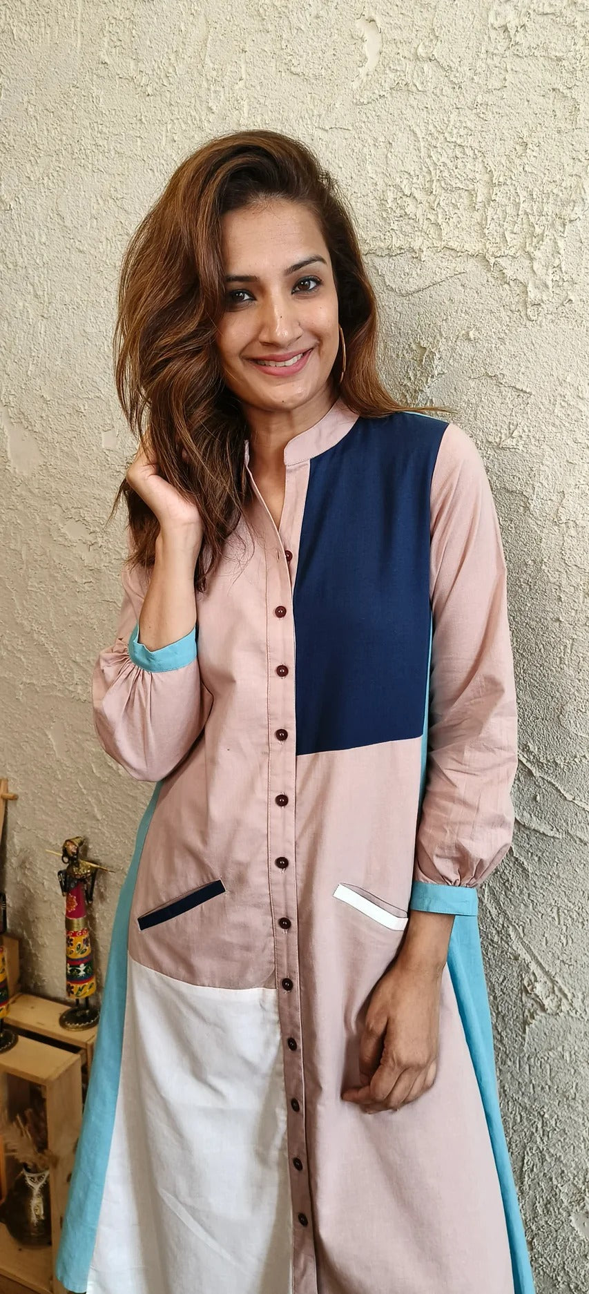 Cotton Linen Black Patchwork Shirt Dress
