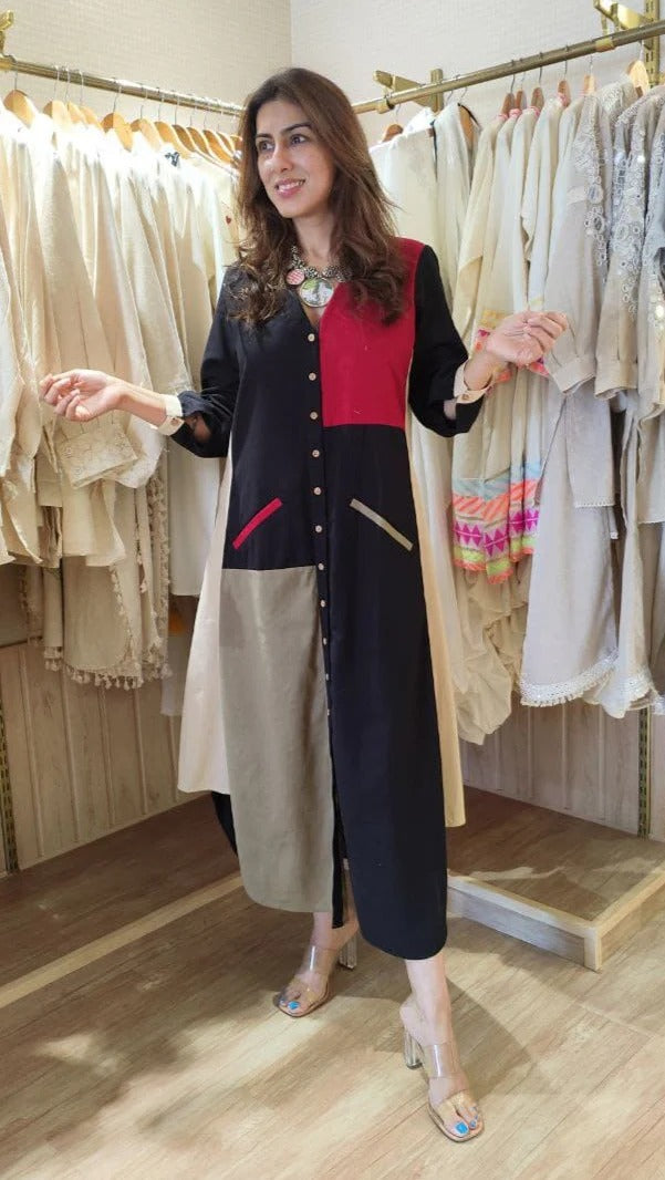 Cotton Linen Black Patchwork Shirt Dress