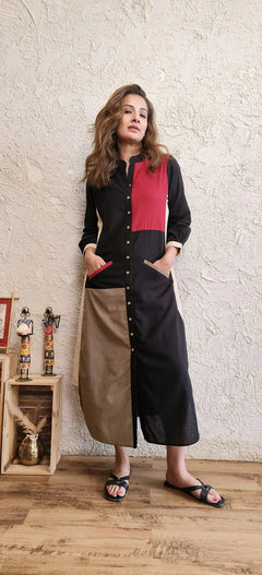 Cotton Linen Black Patchwork Shirt Dress