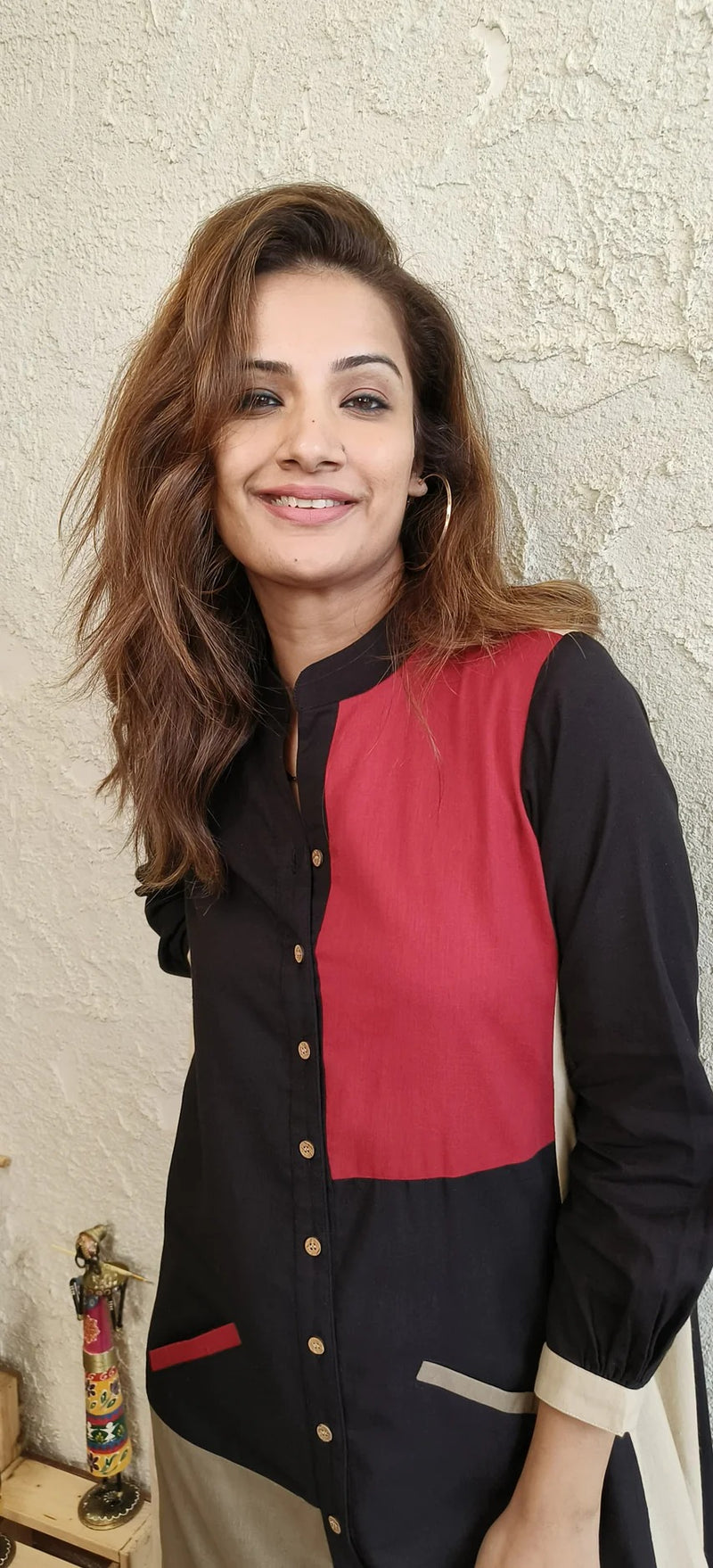 Cotton Linen Black Patchwork Shirt Dress