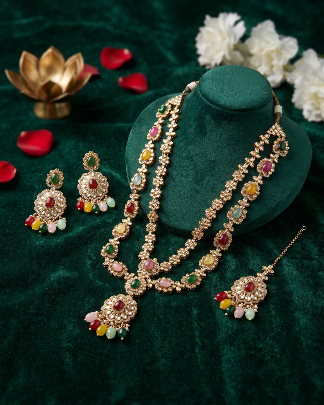 Rajsi Meenakari Long Heritage Necklace Set with Earrings & Maang Tikka