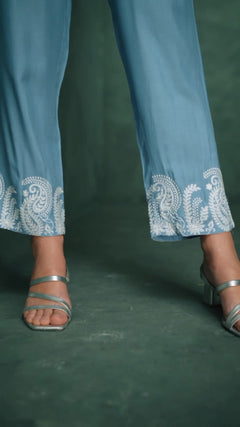 Cotton Soft Blue Embroidered Co-Ord Set