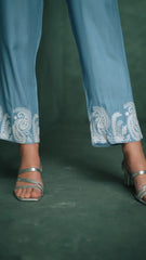 Cotton Soft Blue Embroidered Co-Ord Set