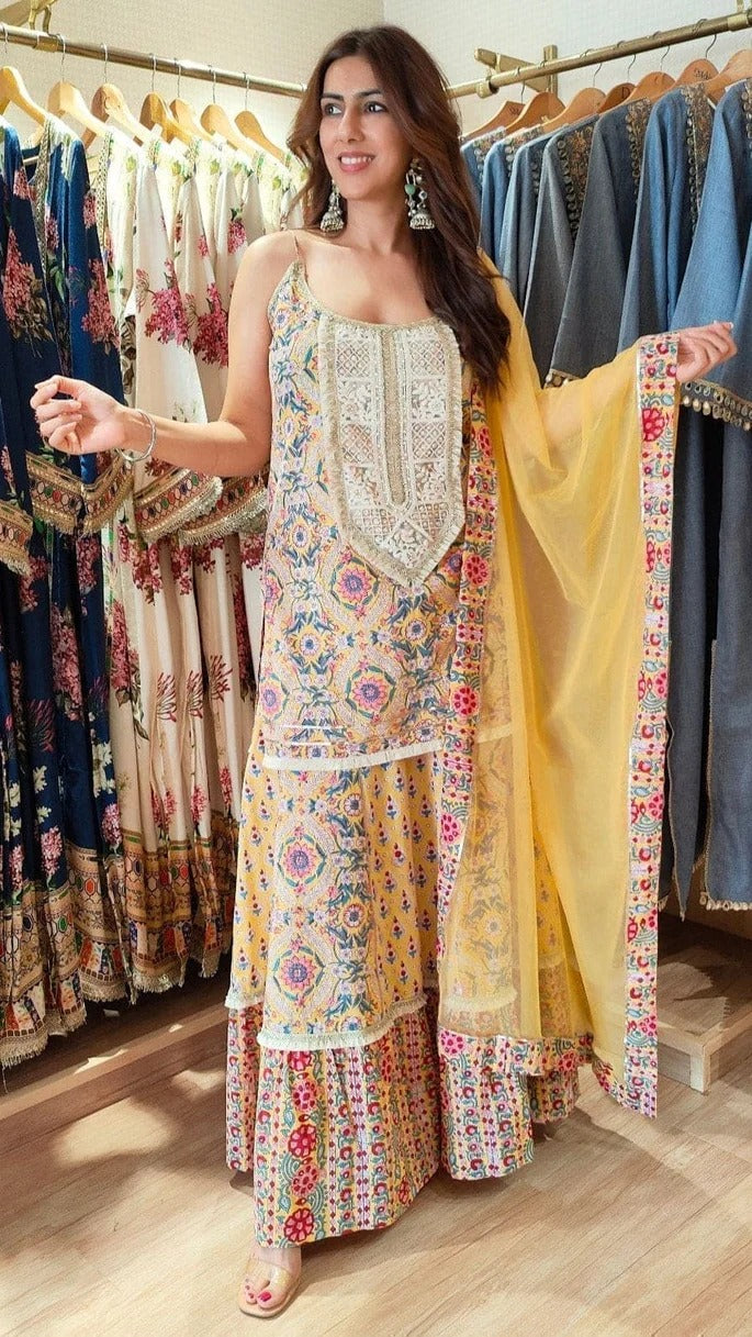 Yellow Jaipuri Spaghetti Sharara Set