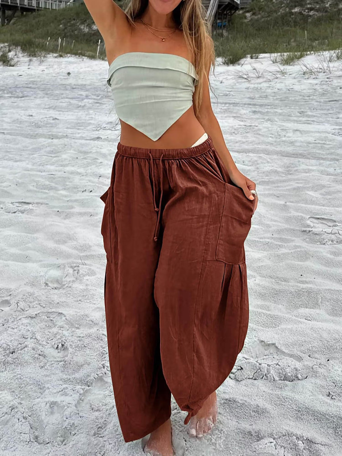 Brown Wide Leg Cargo Pants