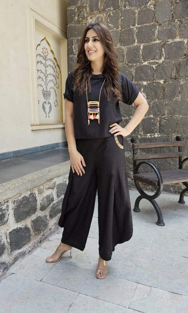 Black Cotton Linen Three-Piece Coord Set