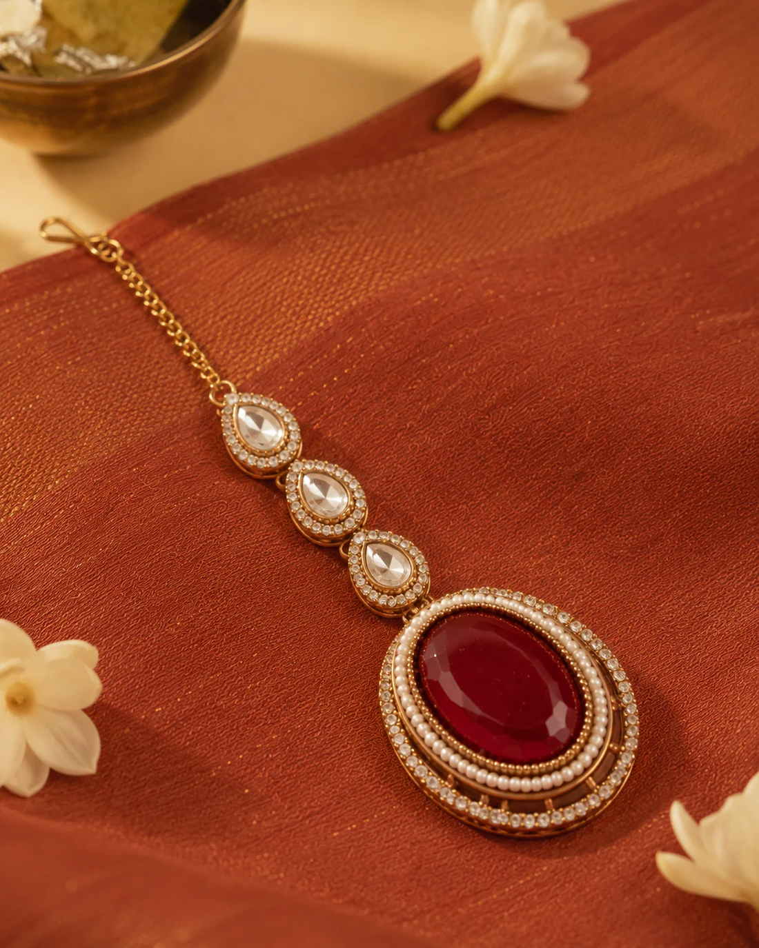 Regal Ruby Kundan Bridal Necklace Set with Earrings & Maang Tikka