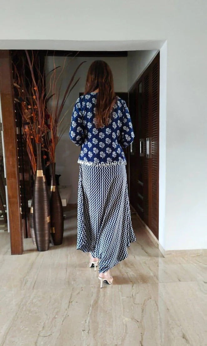 Muslin Silk Navy Blue Jumpsuit Set