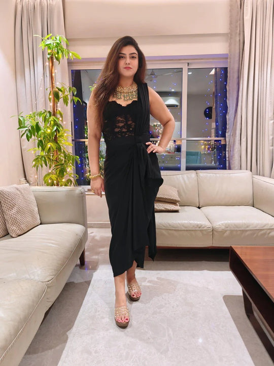 Liva Cotton Black Draped Skirt Saree