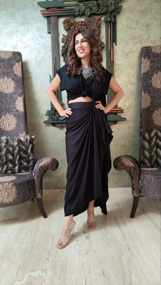 Liva Cotton Black Draped Skirt Saree