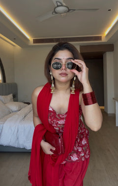 Crimson Bloom Farshi Set with Printed Dupatta