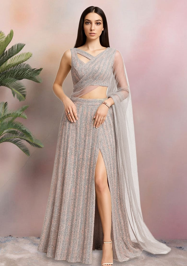Emerald Green Sequin Net Pre-Draped Saree Set