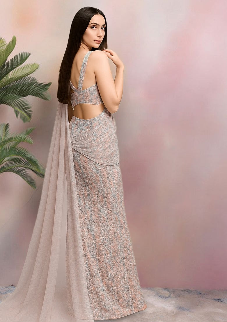 Emerald Green Sequin Net Pre-Draped Saree Set