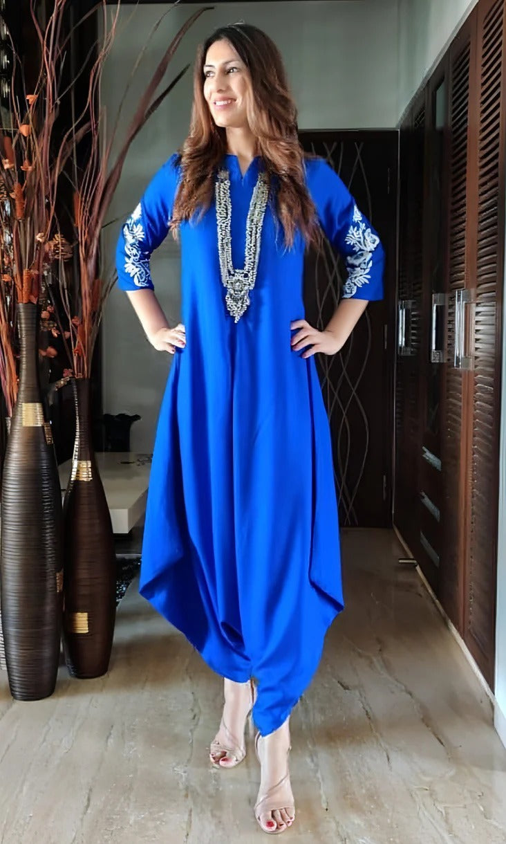 Liva Cotton Royal Blue Embroidered Jumpsuit