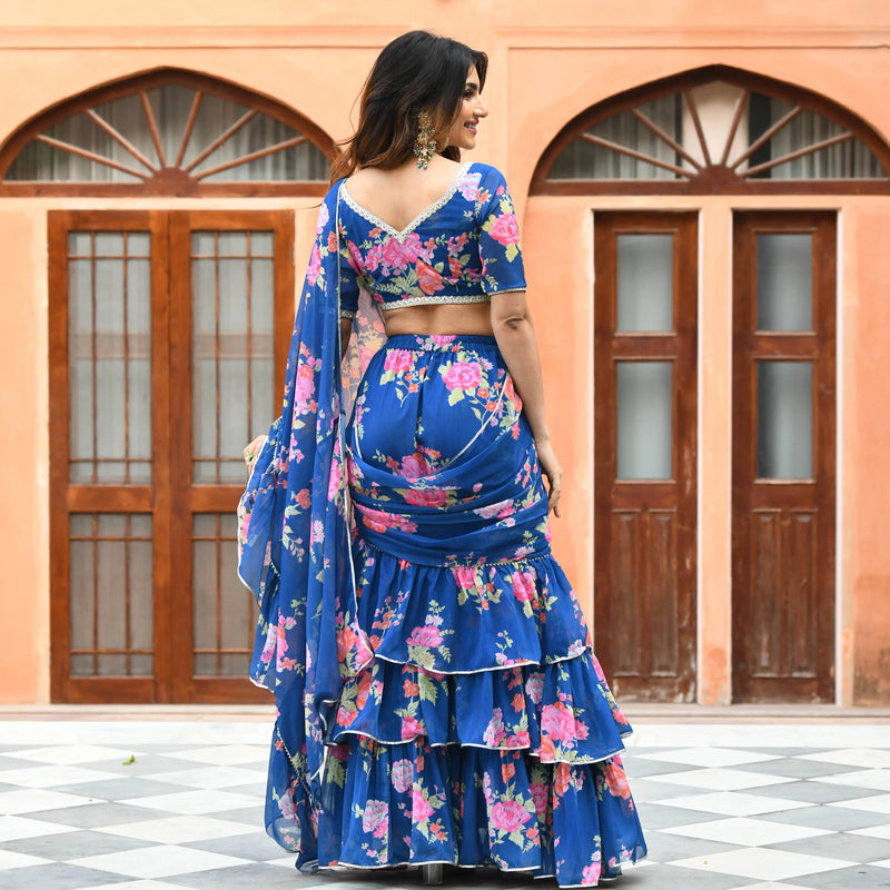 Blue Georgette Floral Fusion Saree with Blouse