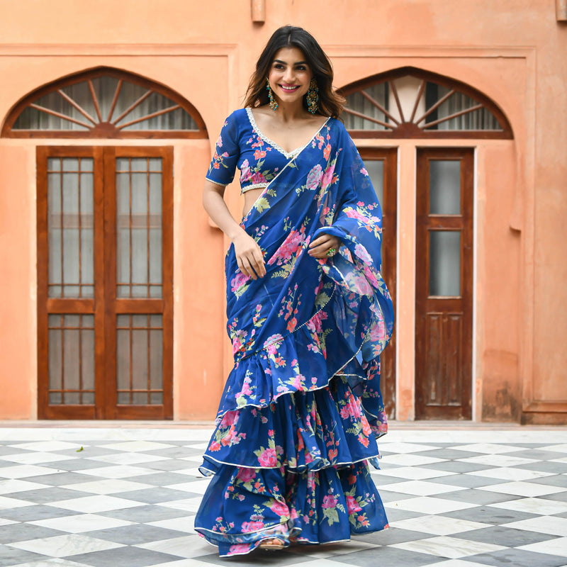 Blue Georgette Floral Fusion Saree with Blouse