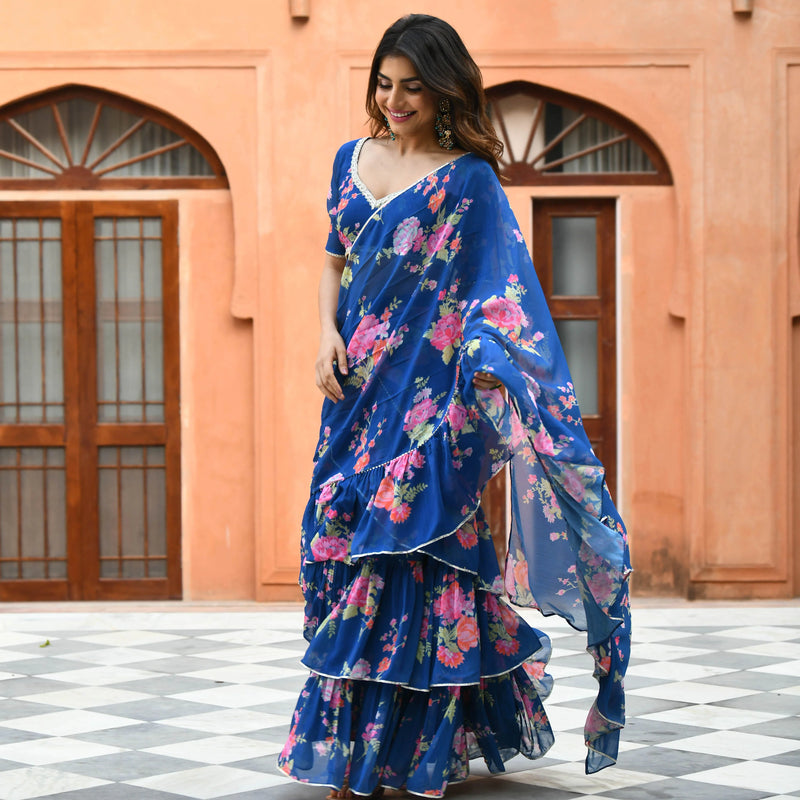 Blue Georgette Floral Fusion Saree with Blouse