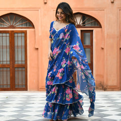 Blue Georgette Floral Fusion Saree with Blouse