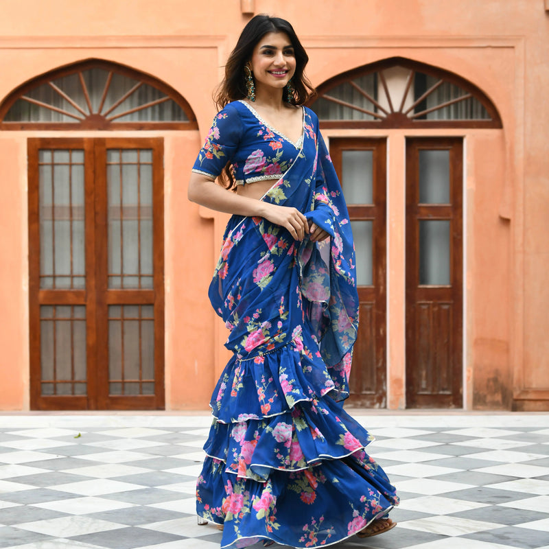 Blue Georgette Floral Fusion Saree with Blouse
