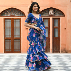 Blue Georgette Floral Fusion Saree with Blouse