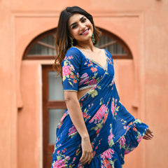 Blue Georgette Floral Fusion Saree with Blouse