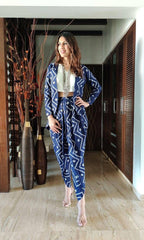 three piece blazer dhoti set with blouse