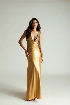 gold plunging neckline pleated dress