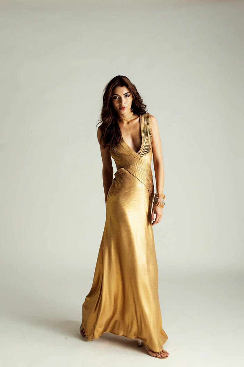 gold asymmetrical bodice formal gown