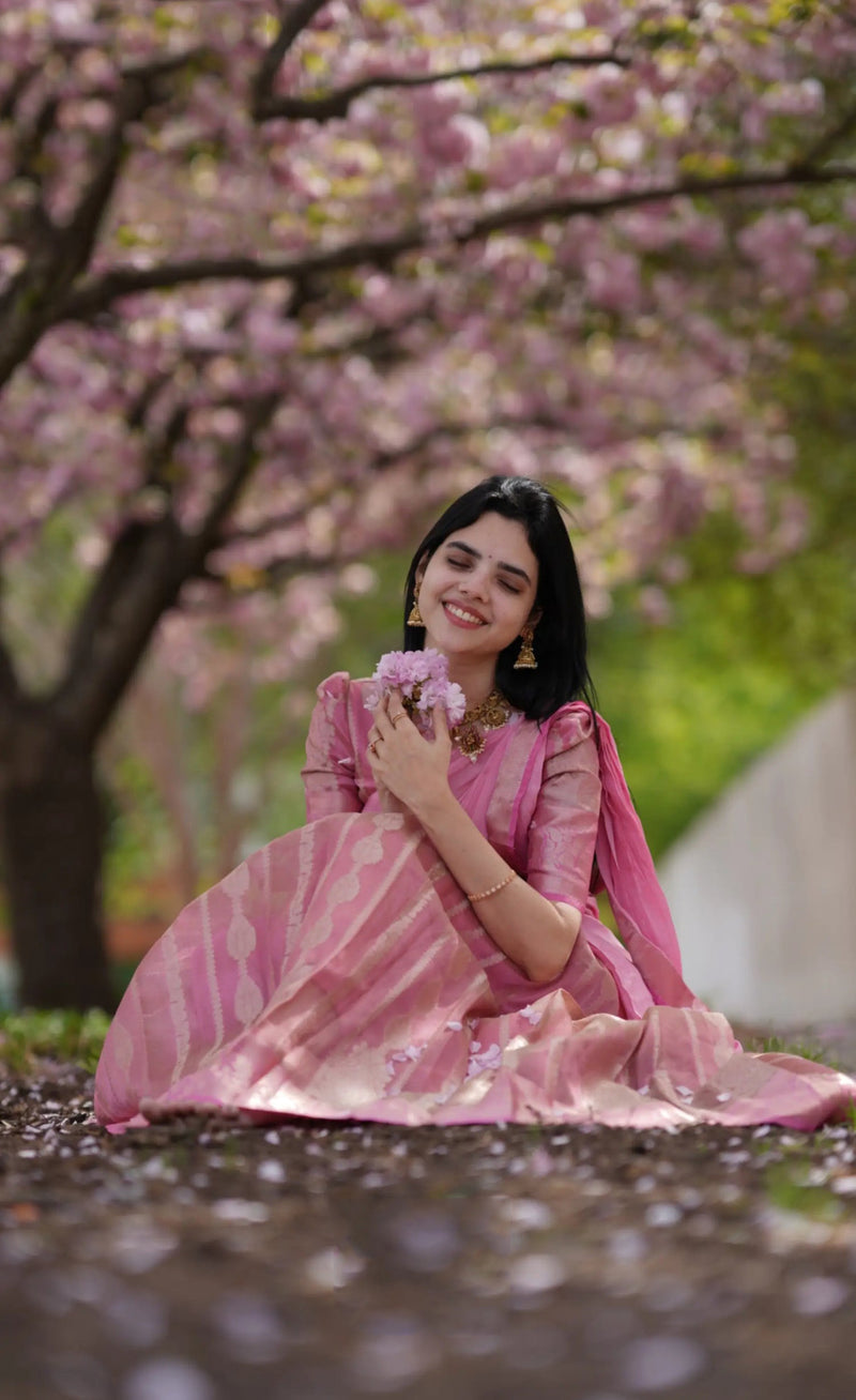organza half saree with chinnon dupatta