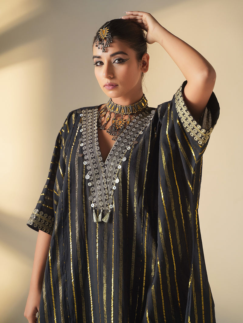 Elegant Black Cotton Lurex Kaftan with Pants