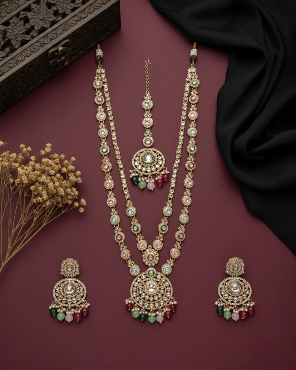 Aarohi Meenakari Long Necklace Set with Earrings & Maang Tikka