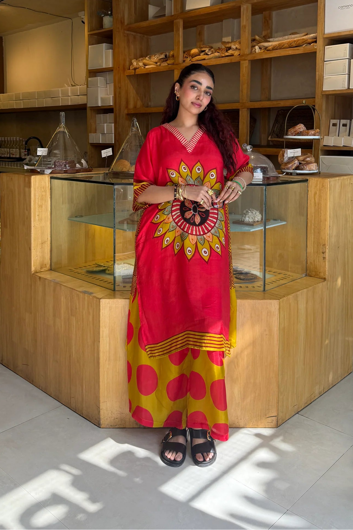 Crimson Mandala Printed Kaftan Set for Women