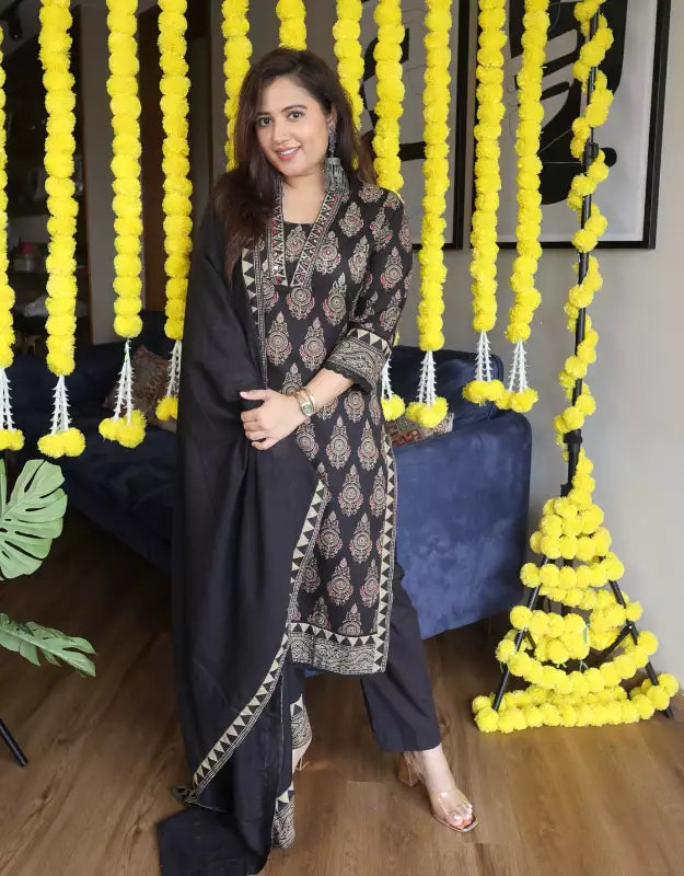 Kajal Ajrakh Cotton Suit with Neck Detail