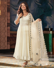 Muslin Silk Blue-Cream Embroidered Suit Set