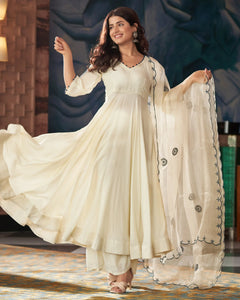 Muslin Silk Blue-Cream Embroidered Suit Set